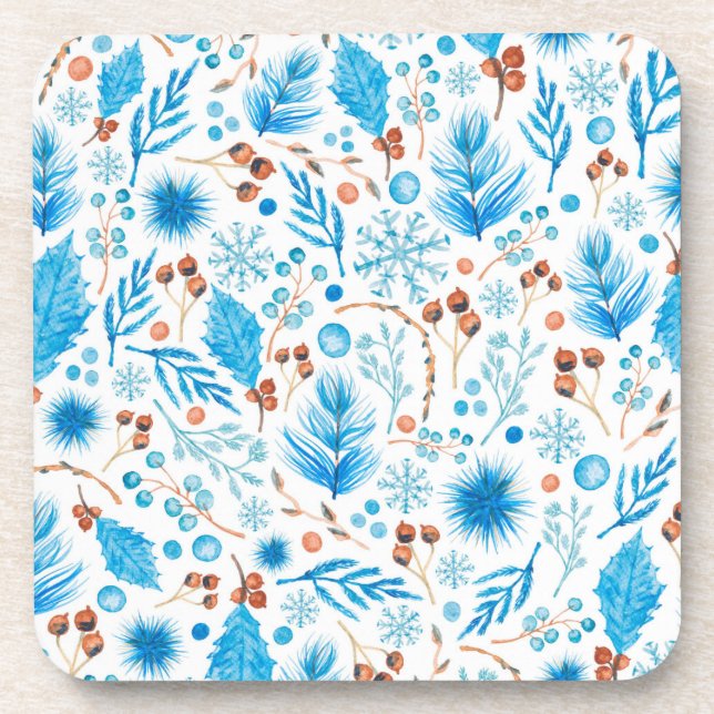 Modern Winter Watercolor Leaves and Berries  Coaster (Front)
