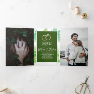 Modern Winter Watercolor Pine Trees Wedding Tri-Fold Invitation