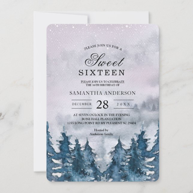 Modern Winter Watercolour Forest Blue Invitation (Front)