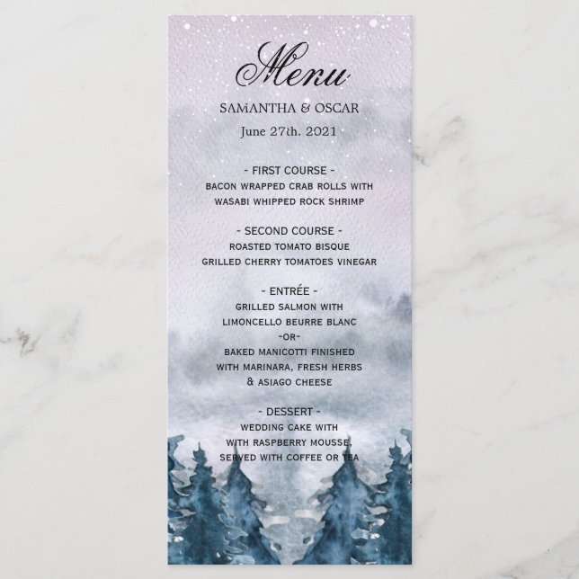 Modern Winter Watercolour Forest Blue Menu (Front)