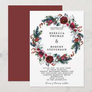 modern winter wedding burgundy floral wreath invitation