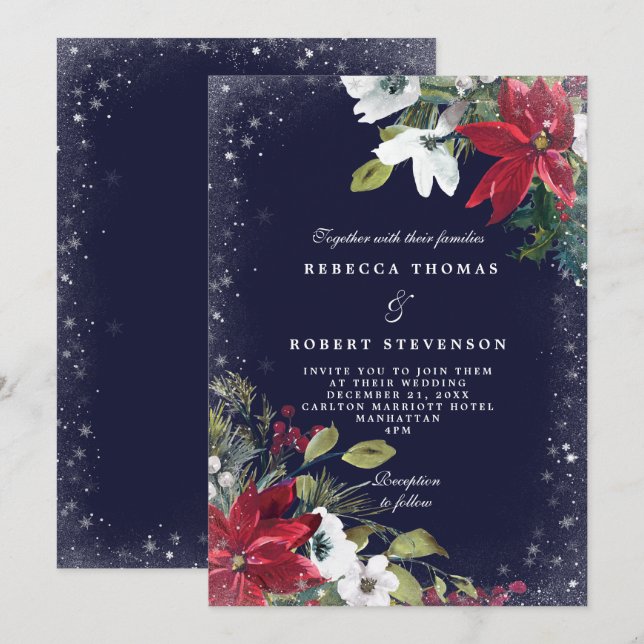 modern winter wedding navy florals wedding invitation (Front/Back)