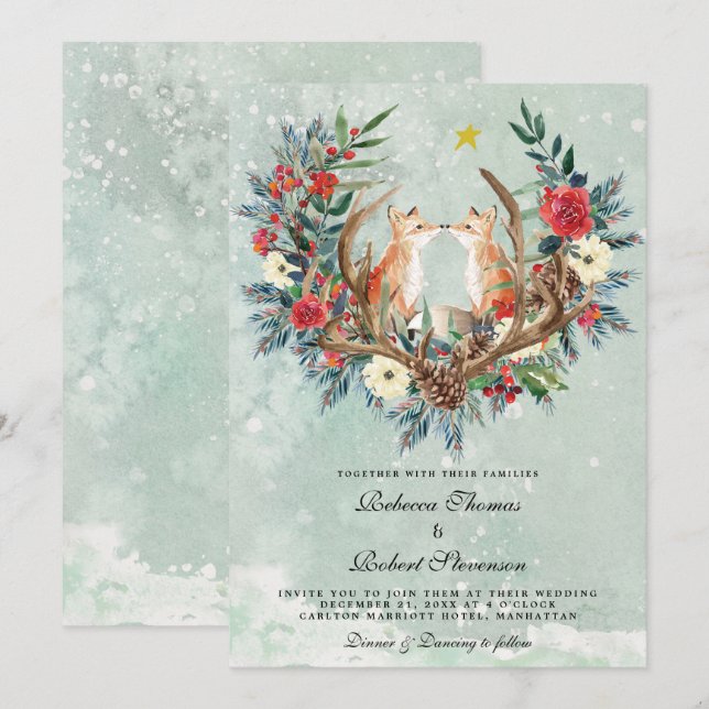 modern winter wedding red berries florals foxes invitation (Front/Back)