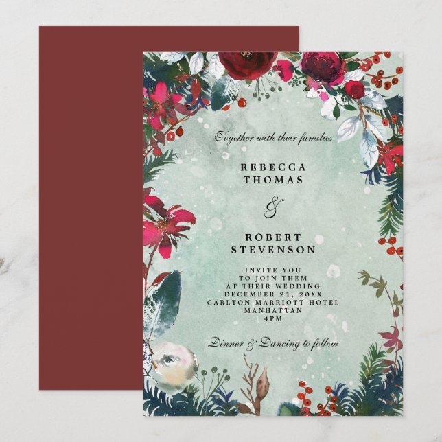 modern winter wedding red florals snow invitation (Front/Back)