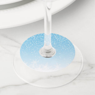 Modern Winter White Snowflakes in Blue   Holiday Wine Glass Tag