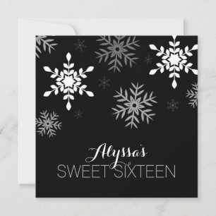 Modern Winter Wonderland Black Snowflakes Sweet 16 Invitation