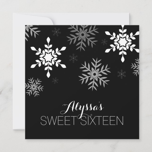 Modern Winter Wonderland Black Snowflakes Sweet 16 Invitation (Front)