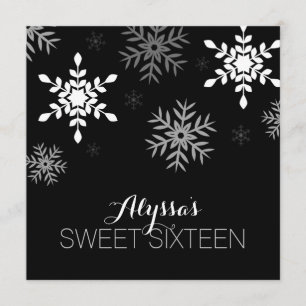 Modern Winter Wonderland Black Snowflakes Sweet 16 Invitation