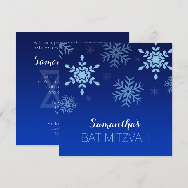 Modern Winter Wonderland Blue Bat Mitzvah Invitation (Front/Back)