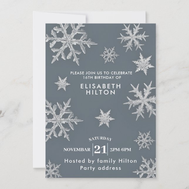 Modern Winter wonderland snowflakes dress sweet 16 Invitation (Front)