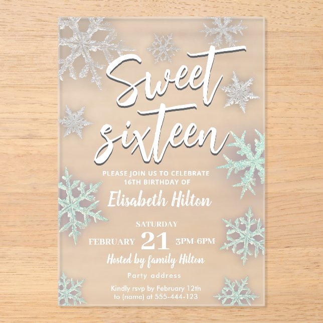 Modern Winter wonderland snowflakes  sweet 16 Acrylic Invitations (Front)