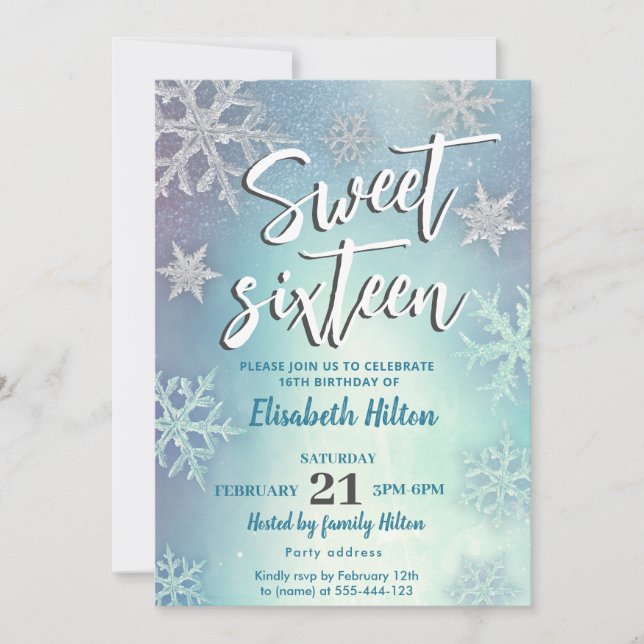 Modern Winter wonderland snowflakes  sweet 16 Invitation (Front)