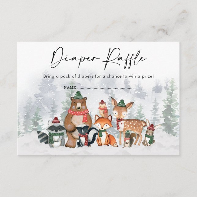 Modern Winter Woodland Animals Diaper Raffle Enclosure Card (Front)