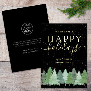 Modern Winter Woodland Company Logo Black & Gold Foil Holiday Card