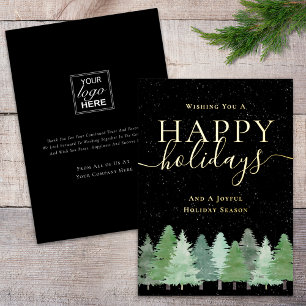 Modern Winter Woodland Company Logo Black & Gold Foil Holiday Card