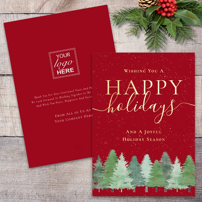 Modern Winter Woodland Your Logo Festive Red Gold Foil Holiday Card (Modern elegant happy holidays company logo red and gold foil business holiday card)