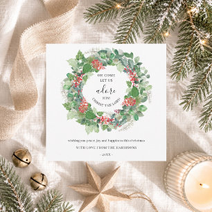 Modern Winter Wreath Come Let Us Adore Him  Holiday Card