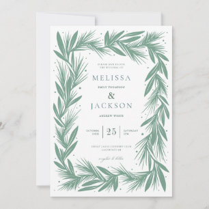 Modern Winter Wreath Frame Wedding Green Invitation