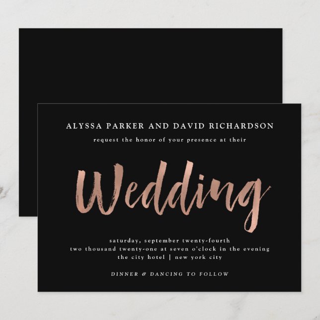 Modern Wish | Faux Rose Gold on Black Wedding Invitation (Front/Back)