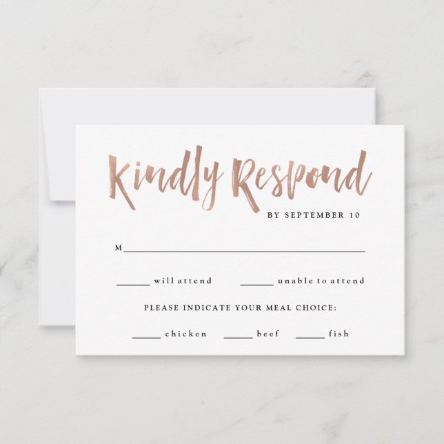 Modern Wish | Faux Rose Gold Wedding Meal Choice RSVP Card (Front)