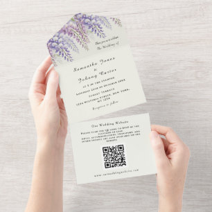 Modern Wisteria Watercolor Purple QR Code Wedding All In One Invitation