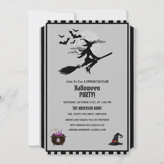 Modern Witch Bats Grey Black Halloween Party  Invitation (Front)