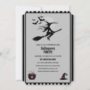 Modern Witch Bats Grey Black Halloween Party Invitation