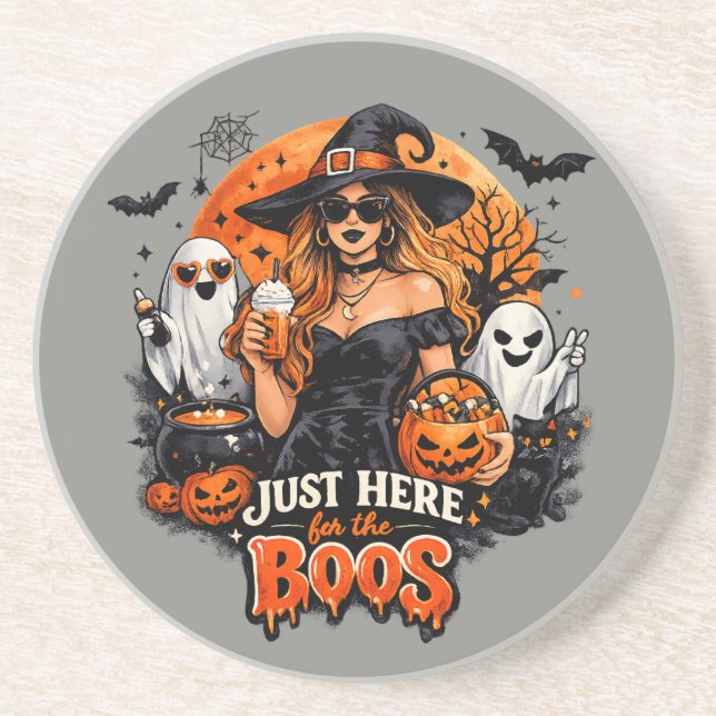Modern Witch Just Here for the Boos Halloween Coaster (Front)