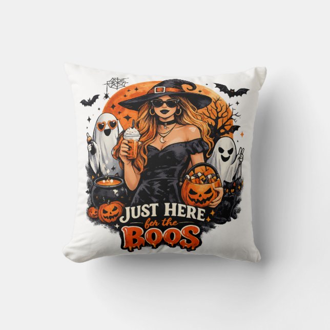 Modern Witch Just Here for the Boos Halloween Cushion (Front)