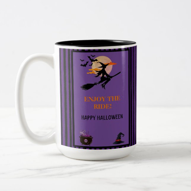 Modern Witches Bats Purple Black Stripes Halloween Two-Tone Coffee Mug (Left)
