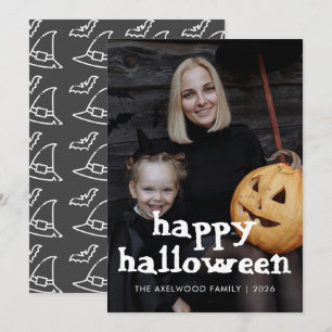 Modern Witchy Hat & Bats Halloween Family Photo Holiday Card
