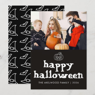 Modern Witchy Hat & Bats Halloween Family Photo Holiday Card
