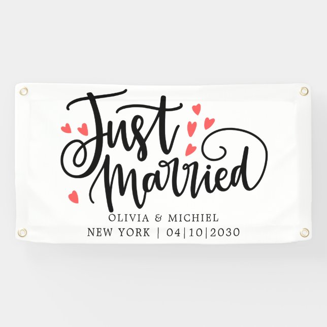 Modern With Heart Just Married Car Banner (Horizontal)