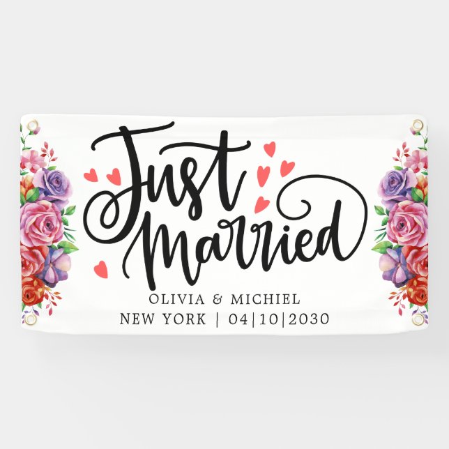 Modern With Heart Just Married Car Banner (Horizontal)