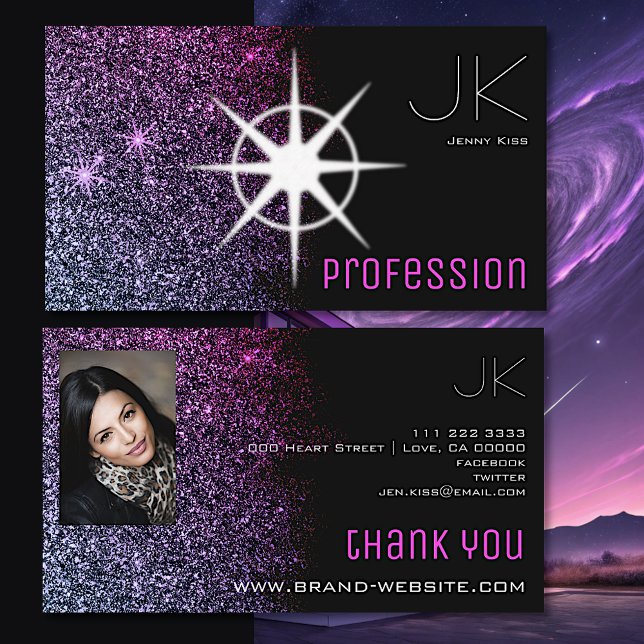 Modern with Photo Black Pink Purple Glitter Ombre Business Card (Creator Uploaded)