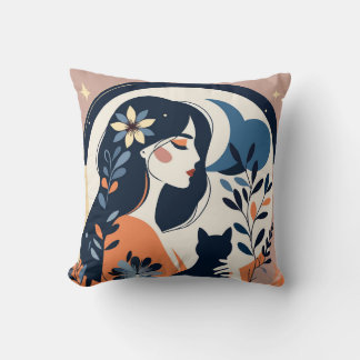 Modern Woman and Cat Throw Pillow Boho Floral Art