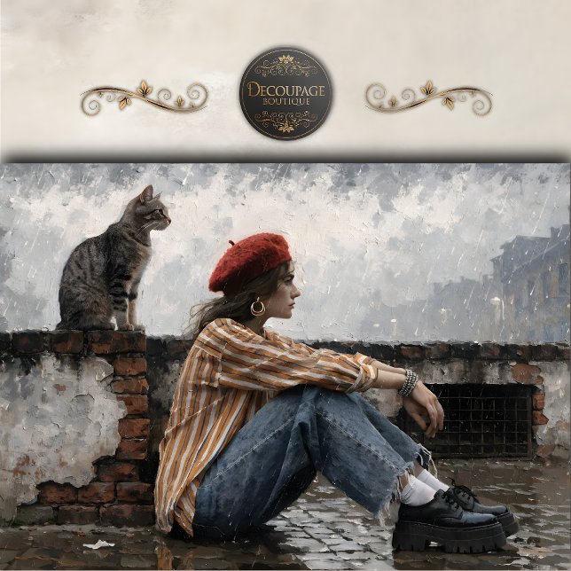 Modern Woman in Beret with Cat Decoupage Tissue Paper (Modern Woman in Beret with Cat Decoupage Tissue Paper)