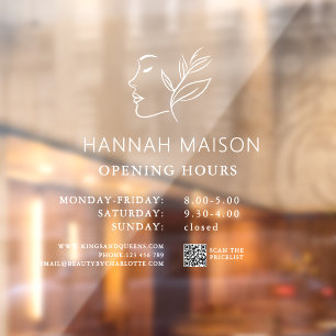 Modern, Woman Logo, Opening Hours & QR Code Window Cling