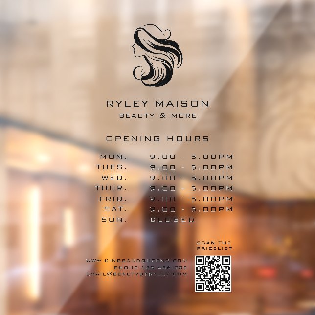 Modern, Woman Logo, Opening Hours & QR Code Window Cling (Sheet 2)