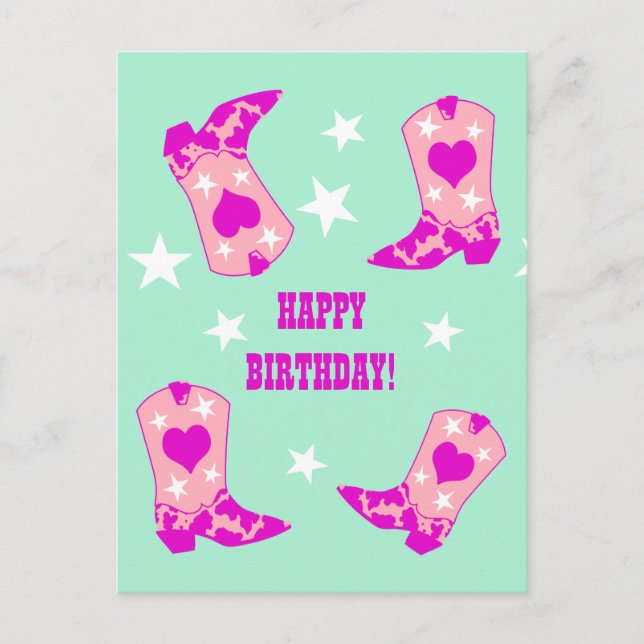 Modern Women Cowgirl Western Boots Mint Birthday   Postcard (Front)