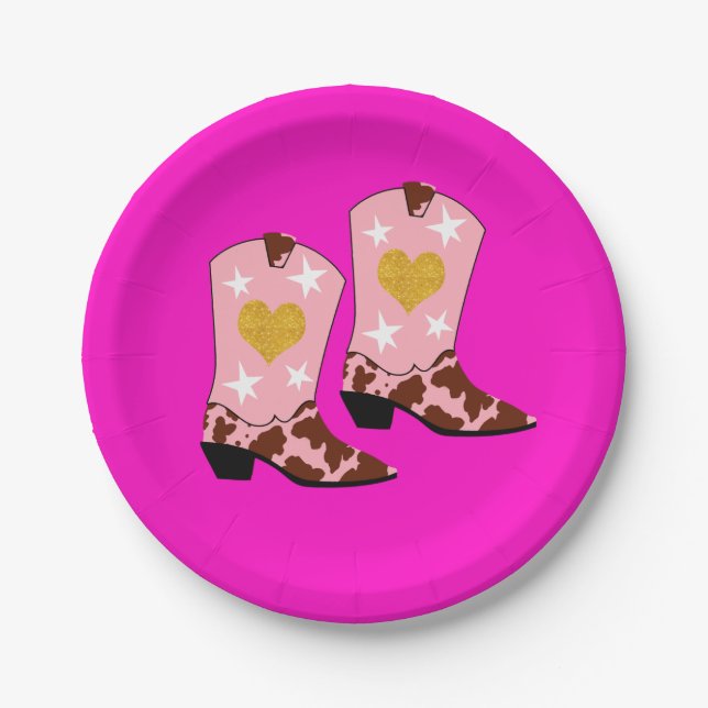 Modern Women Pink Cowgirl Western Boots Hot Pink Paper Plate (Front)