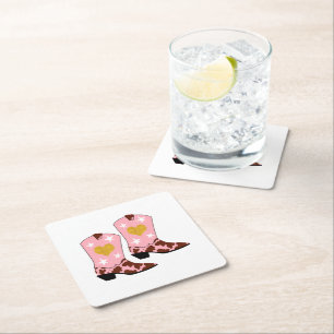 Modern Women Pink Cowgirl Western Boots White   Square Paper Coaster