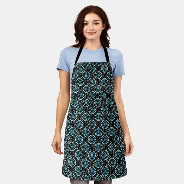  Modern Women's Fancy Black White Teal Dot Art Apron (Worn)