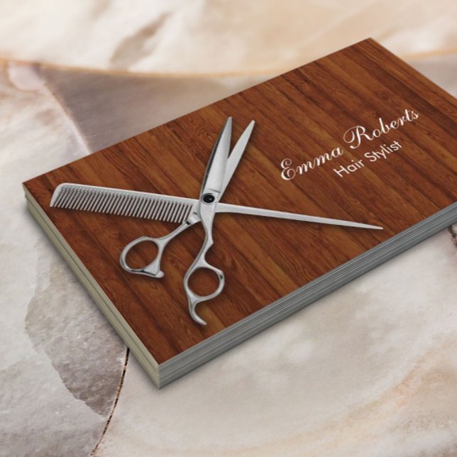 Modern Wood Background Scissor & Comb Hair Stylist Business Card (Creator Uploaded)