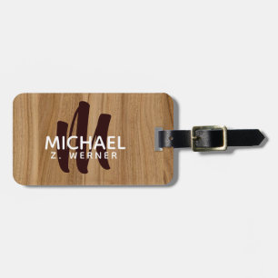 modern wood-colour brown monogram name travel luggage tag