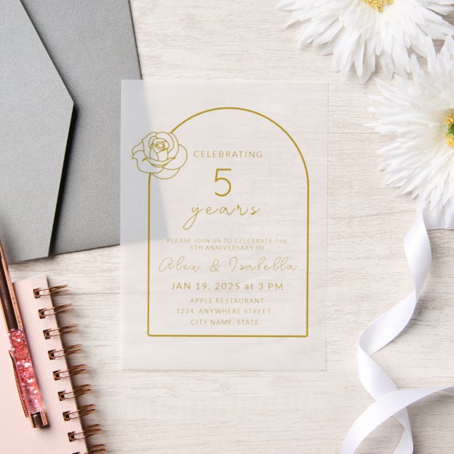 Modern wood Gold 5th Wedding Anniversary Vellum Invitations (Wedding)