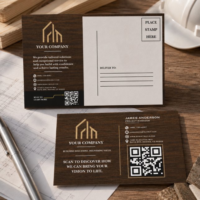 Modern Wood Grain QR Code Construction Holiday Postcard (Modern Wood Grain QR Code Construction Holiday Postcard
)