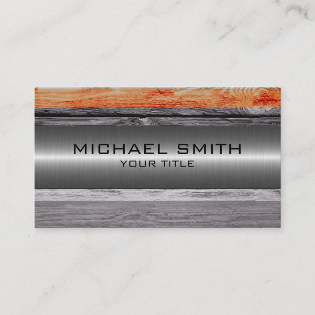 Modern Wood Look Silver Stainless Steel #7 Business Card (Front)