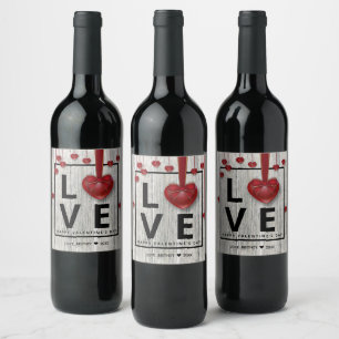 Modern Wood Rustic Valentine's Day LOVE Red Hearts Wine Label