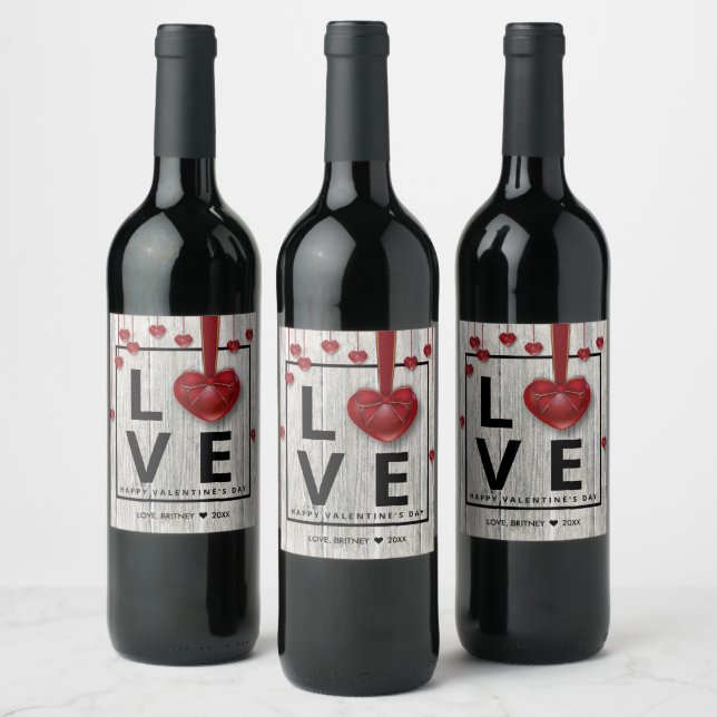 Modern Wood Rustic Valentine's Day LOVE Red Hearts Wine Label (Bottles)